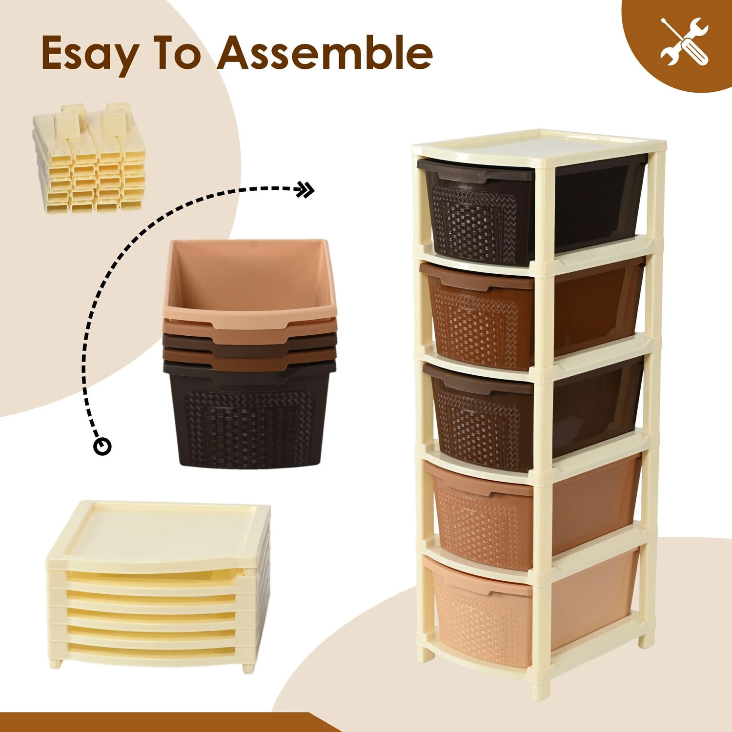 Image of KUBER INDUSTRIES Modular 5-Layer & 92 Ltr Plastic Drawer Storage Organiser | Brown Plastic Free Standing Chest of Drawers