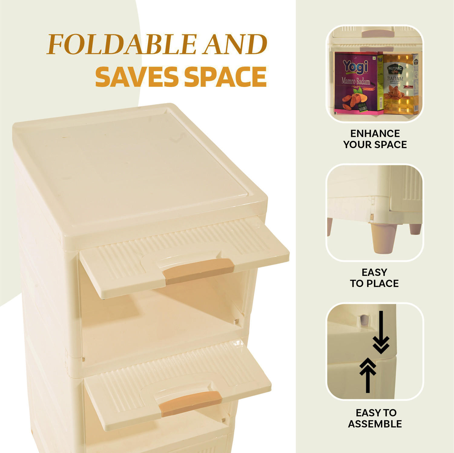 Image of HOMESTIC by Kuber Industries 3 Units Cabinet Storage Organizer | Multipurpose Folding Storage Racks | Ivory Plastic Free Standing Cabinet