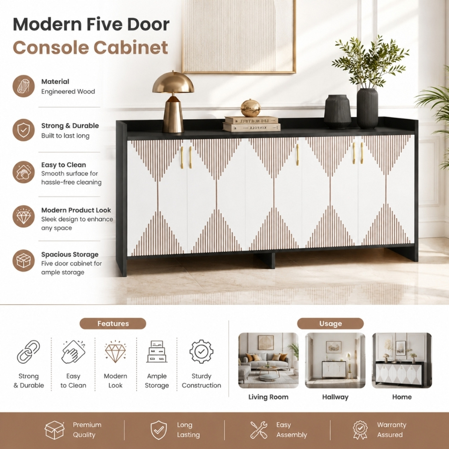 Image of Spyder Home Decore Multipurpose Sideboard Cabinet with Golden Handles & Storage for Living Room Engineered Wood Free Standing Chest of Drawers