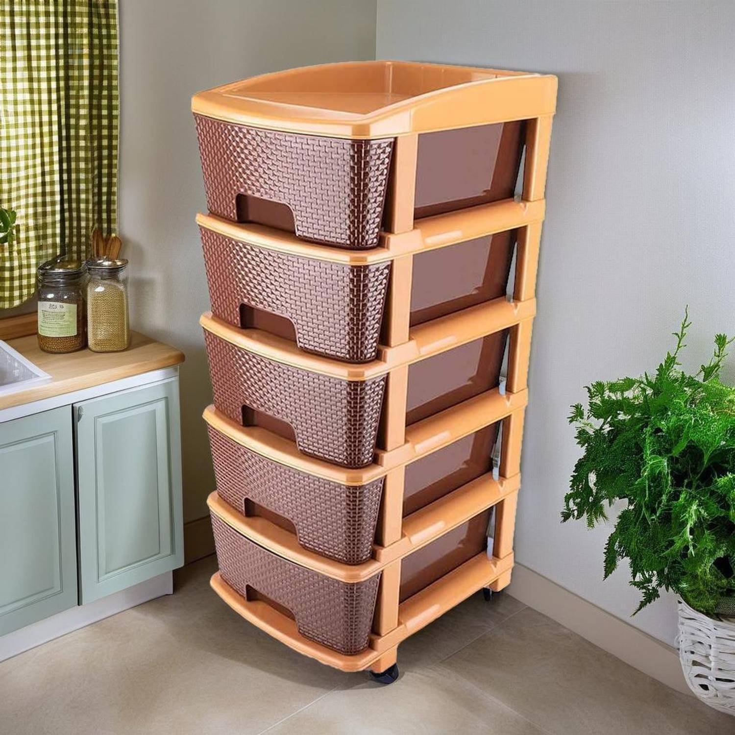 brown plastic dresser (2 pack) Sterilite 3 Drawer Wide Weave Tower, Plastic Dcor Drawers with Pull Handles, Brown