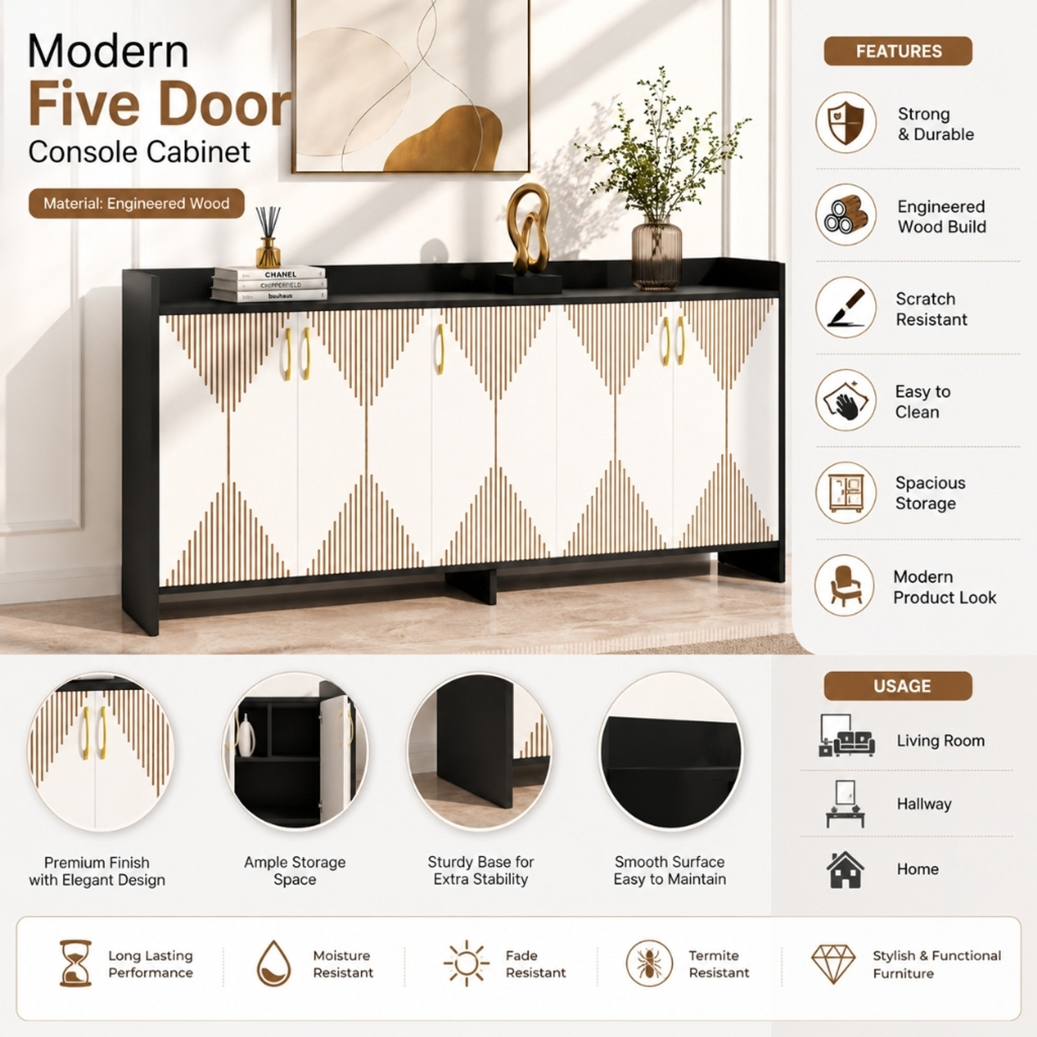 Image of Spyder Home Decore Multipurpose Sideboard Cabinet with Golden Handles & Storage for Living Room Engineered Wood Free Standing Chest of Drawers