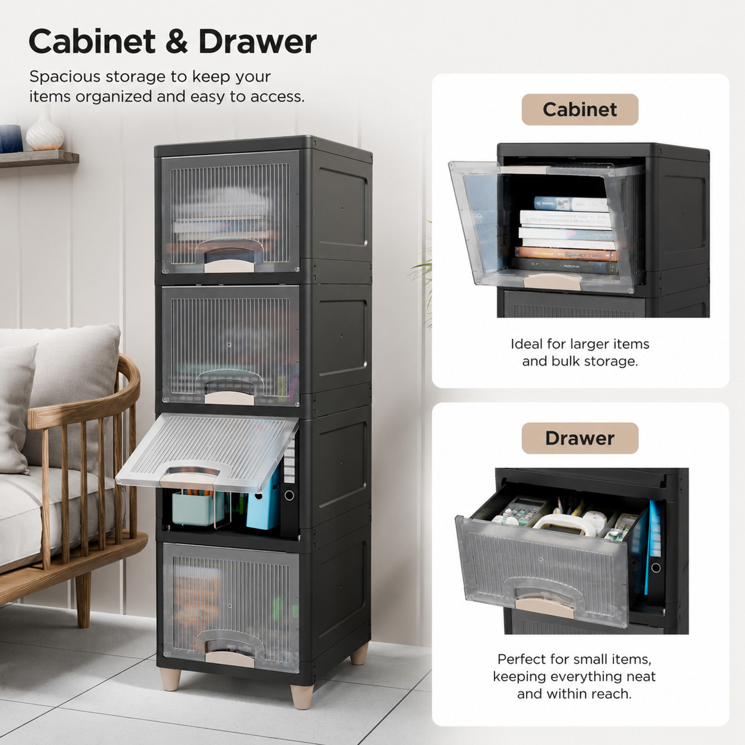 Image of Sumoware 4 Layer Foldable Plastic Storage Cabinet with Transparent Doors for Books, Plastic Free Standing Cabinet