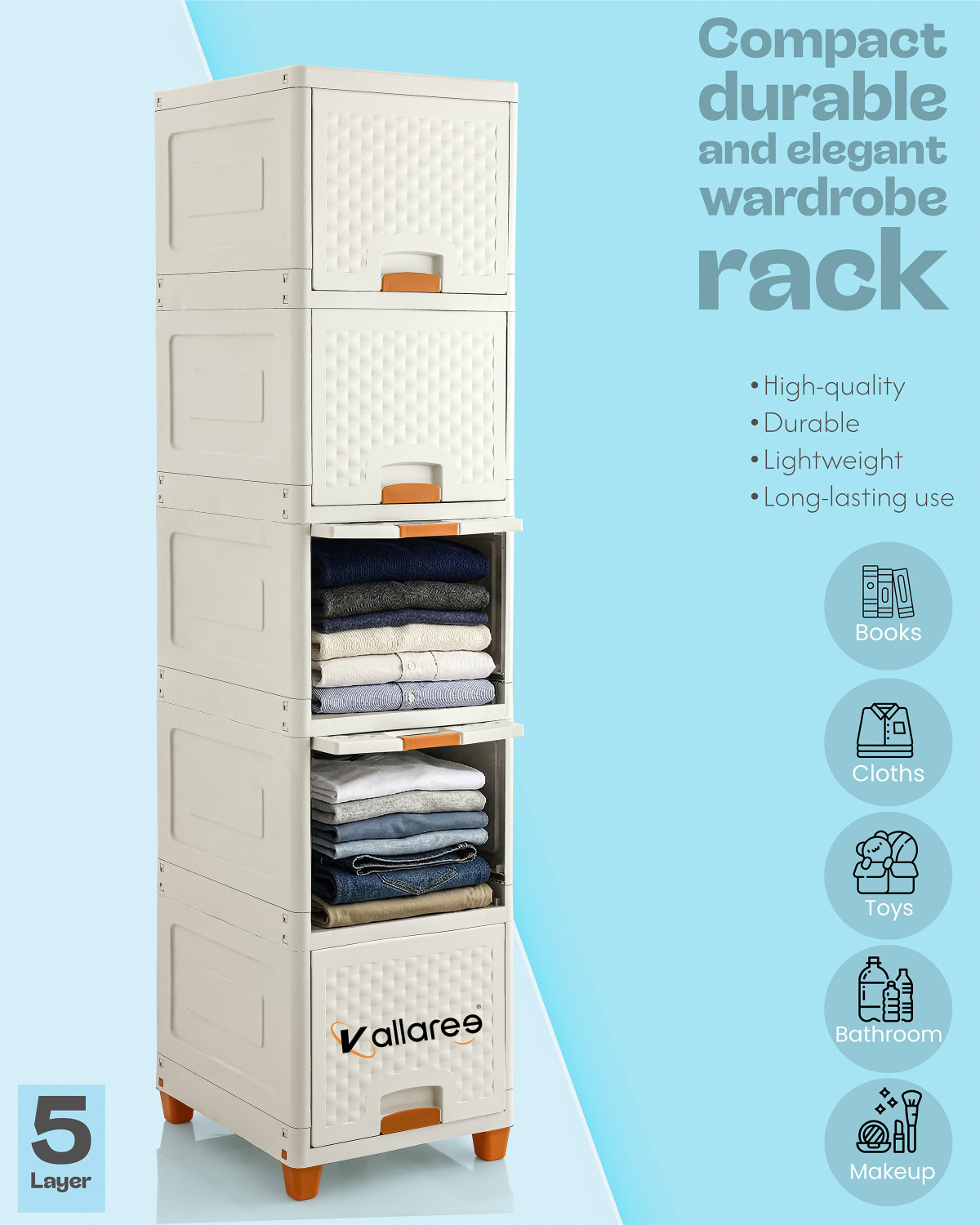 Image of Vallaree 5 Layer Drawer Storage Organizer Multipurpose Plastic Free Standing Cabinet