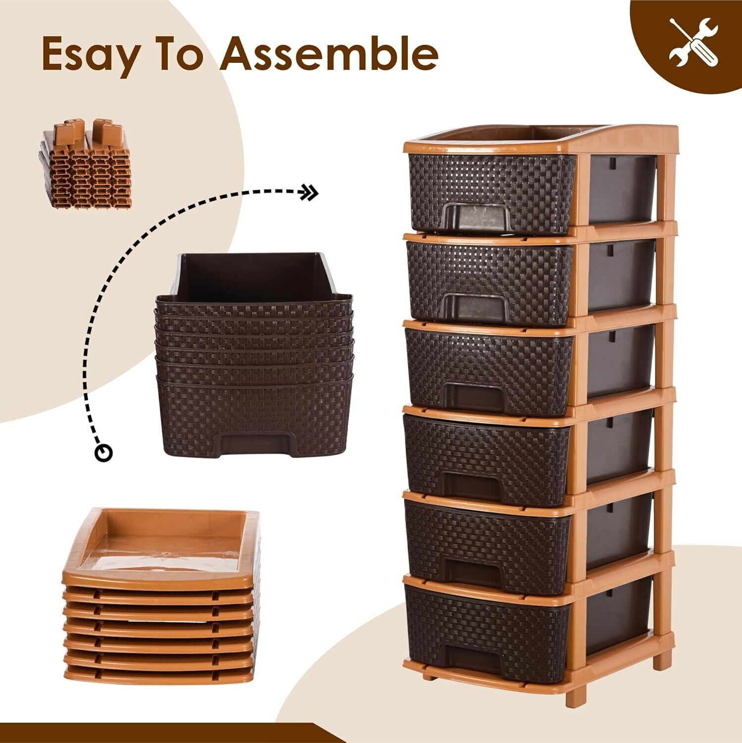 Image of ALCY 6 Layer Plastic Modular Drawer Organizer Plastic Free Standing Plastic Free Standing Chest of Drawers
