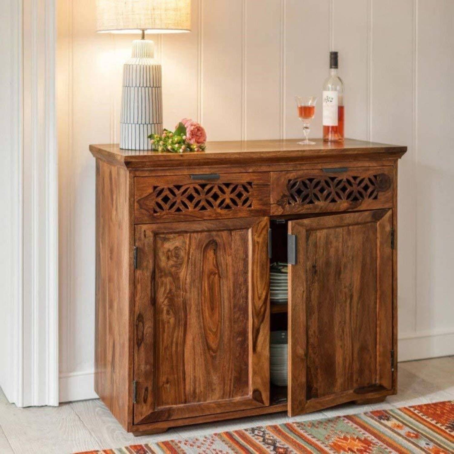 WOODSTAGE Sheesham Wood Sideboard Storage Cabinet Console Table w