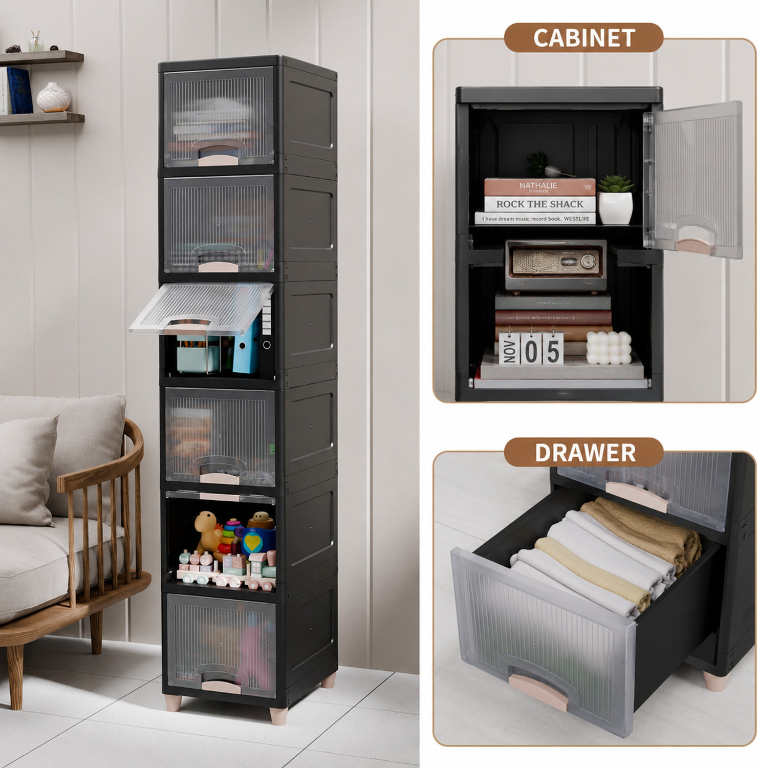 Image of Sumoware 6 Layer Foldable Plastic Storage Cabinet with Transparent Doors for Books, Plastic Free Standing Cabinet