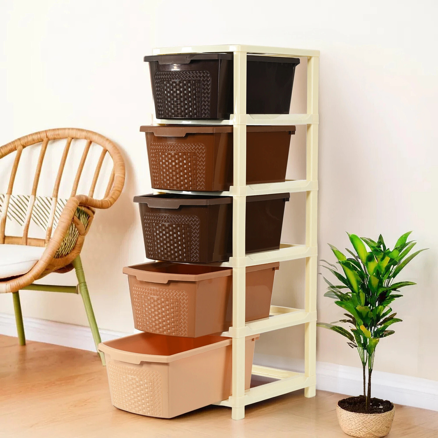 Image of KUBER INDUSTRIES Modular 5-Layer & 92 Ltr Plastic Drawer Storage Organiser | Brown Plastic Free Standing Chest of Drawers