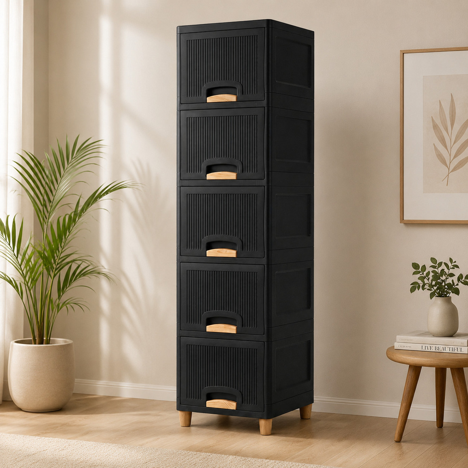 Image of GROTHEORY Narrow Balcony Storage Cabinet with Drawers for Compact Outdoor Spaces Plastic Free Standing Cabinet (Finish Color - Black, Door Type- Framed Sliding, DIY(Do-It-Yourself))