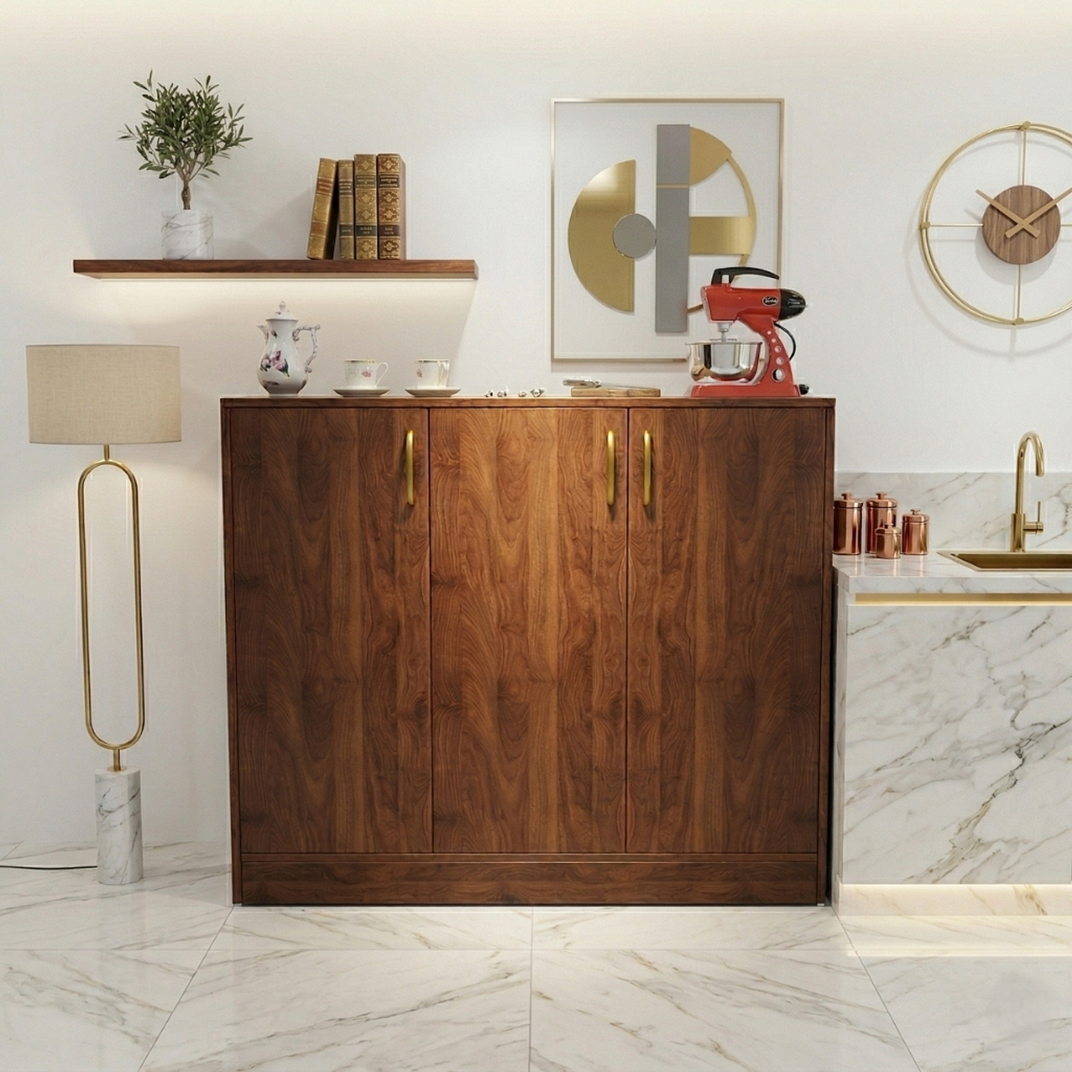 Image of Spyder Craft Multipurpose Storage Cabinet with Gold Handles & Countertop Unit Storage Engineered Wood Free Standing Chest of Drawers