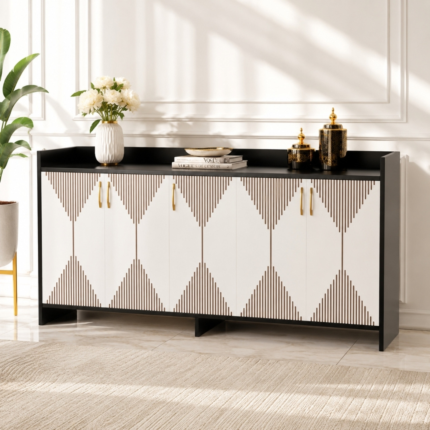 Image of Spyder Home Decore Multipurpose Sideboard Cabinet with Golden Handles & Storage for Living Room Engineered Wood Free Standing Chest of Drawers