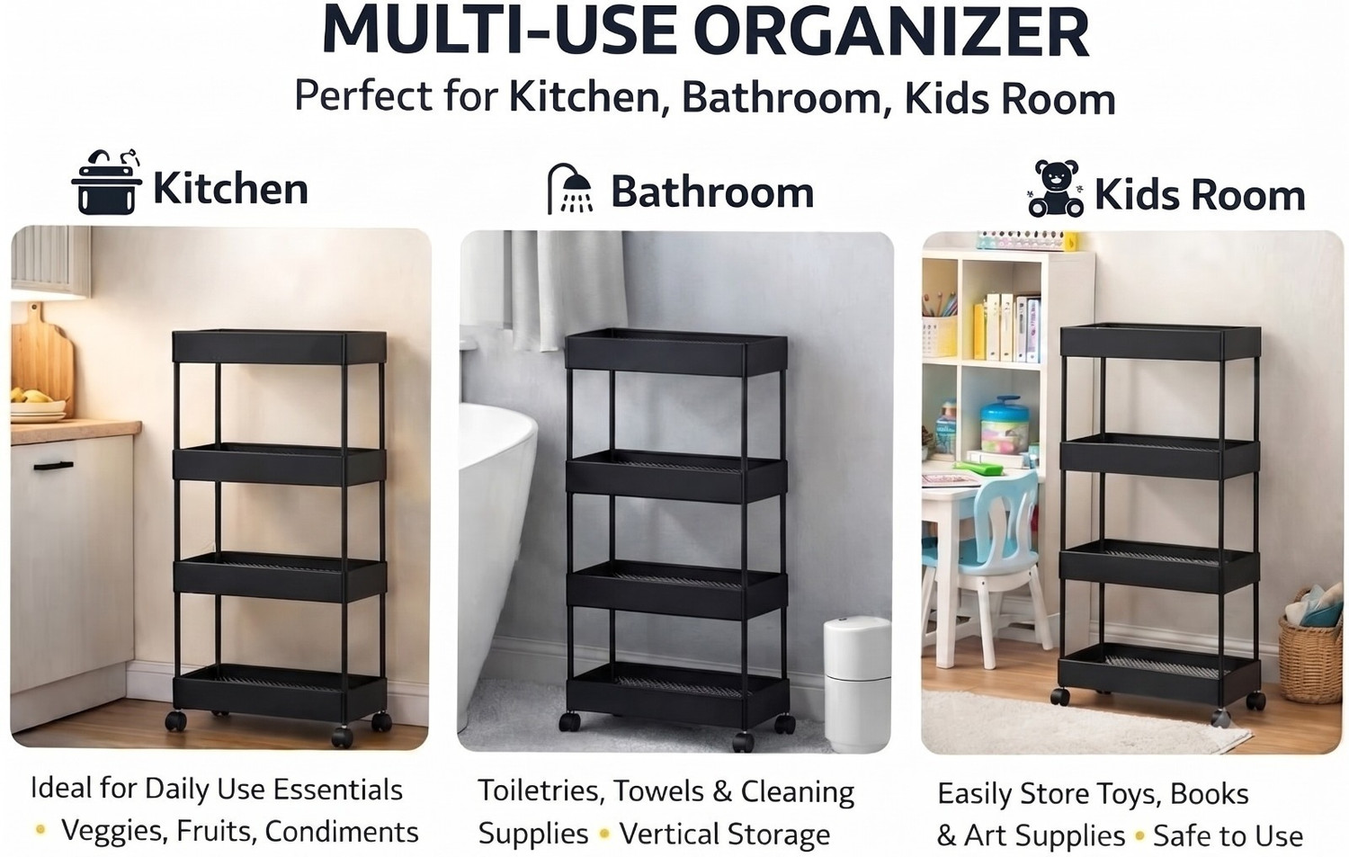 Image of MAXTID Modern Kitchen Storage Utility Trolley Plastic Free Standing Cabinet