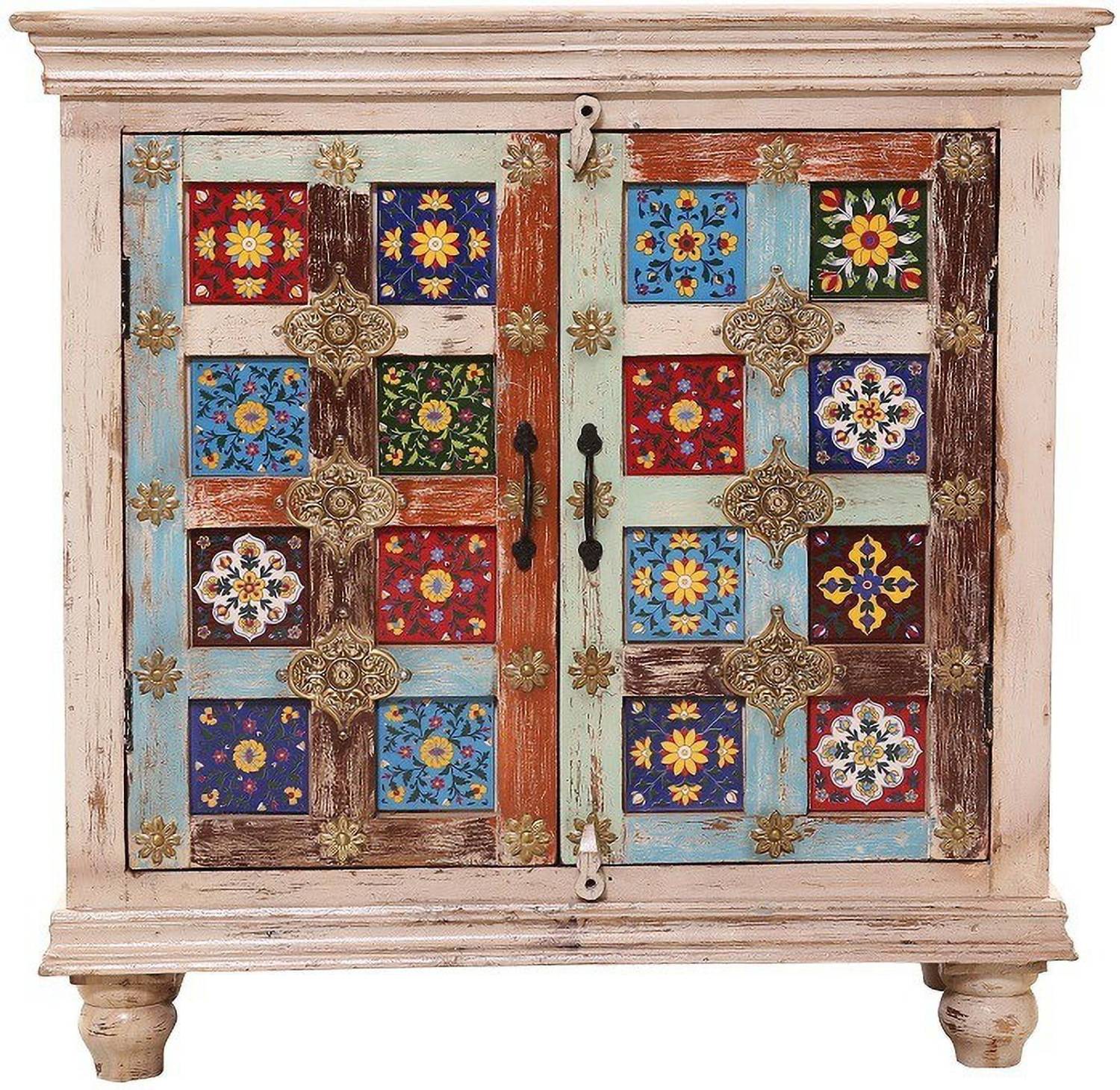 Saffron SOLID WOOD CABINET IN DISTRESS WHITE FINISH WITH CERAMIC