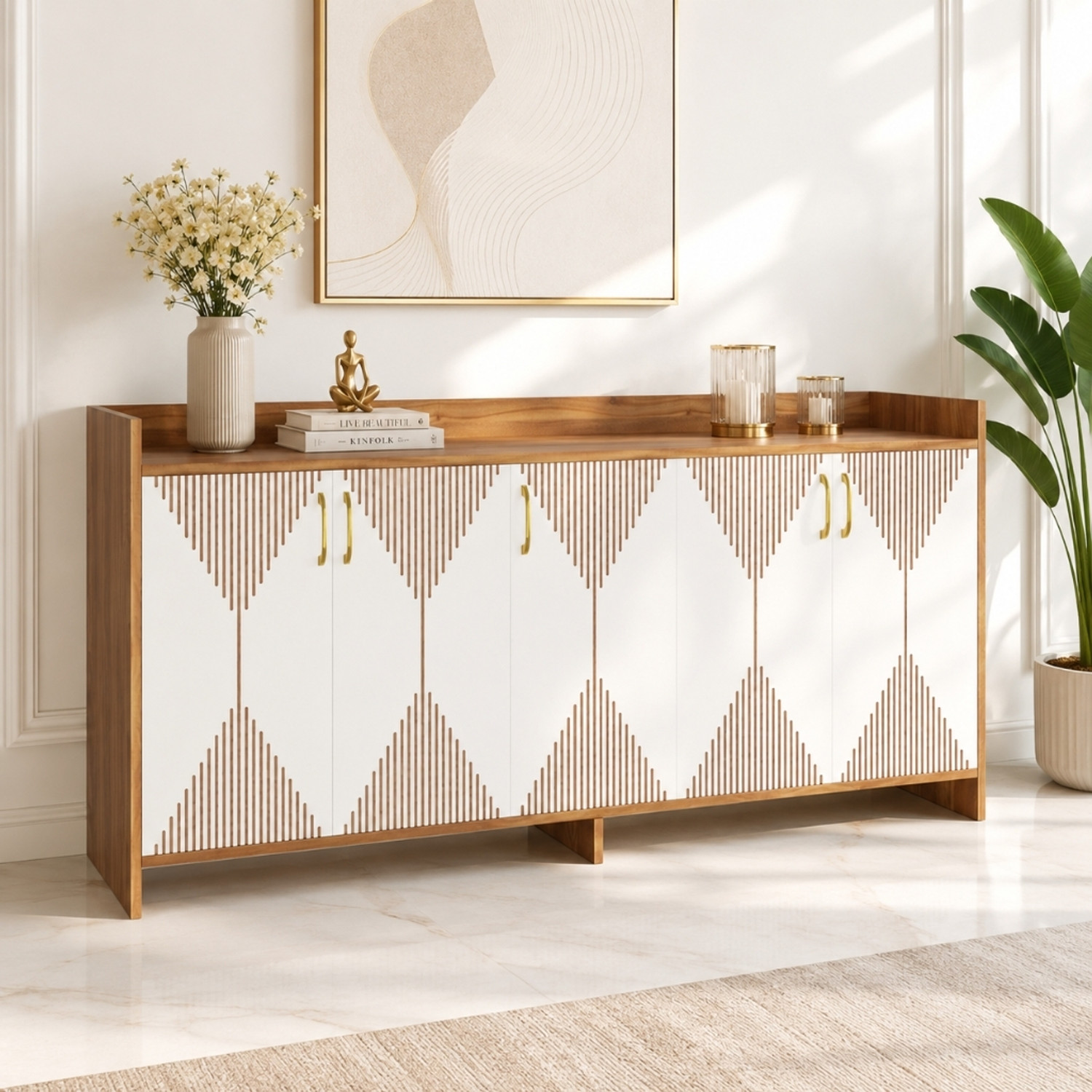 Image of Avenue Venture Multipurpose Sideboard Cabinet with Golden Handles & Storage for Living Room Engineered Wood Free Standing Chest of Drawers