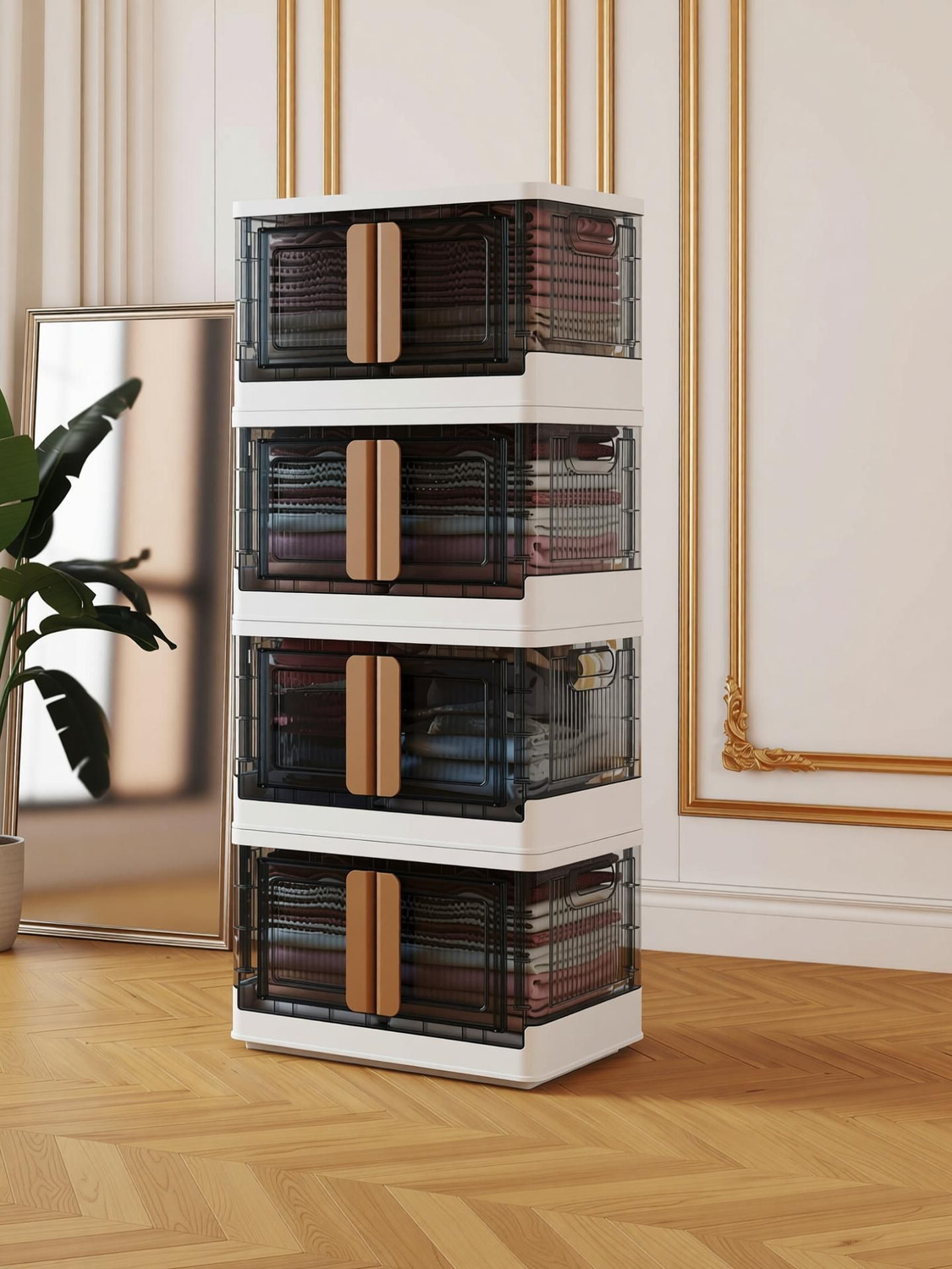 Image of FINWARE 4 Units Multipurpose Folding Cabinet Storage Organizer Box with Wheels&Lid(4XL) Plastic Free Standing Chest of Drawers