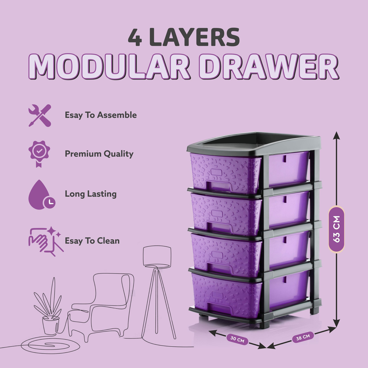 Image of KAVIRA STONE 4XL PURPLE Plastic Free Standing Chest of Drawers