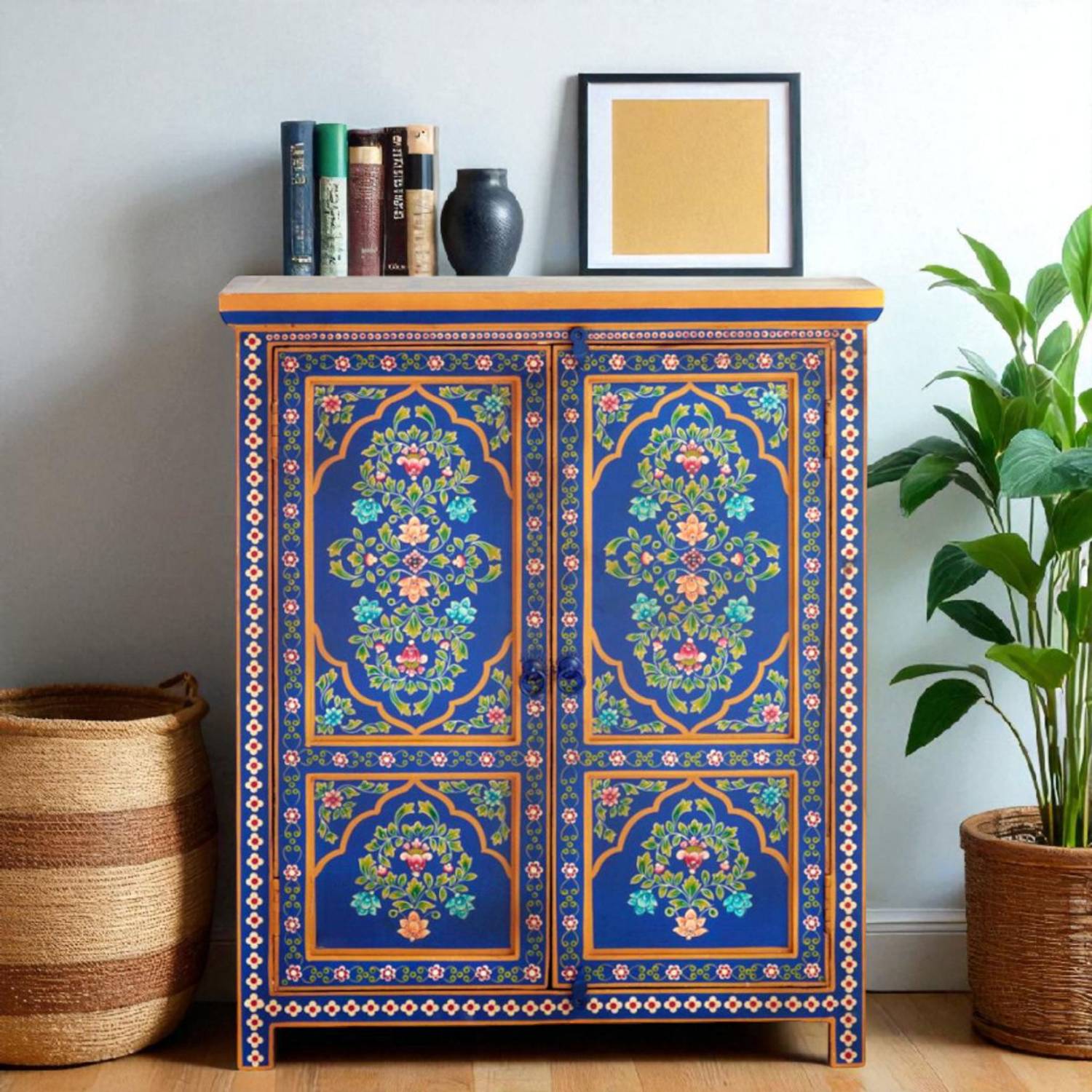 APRODZ Hirom Wooden Handpainted Sideboard Solid Wood Free Standin