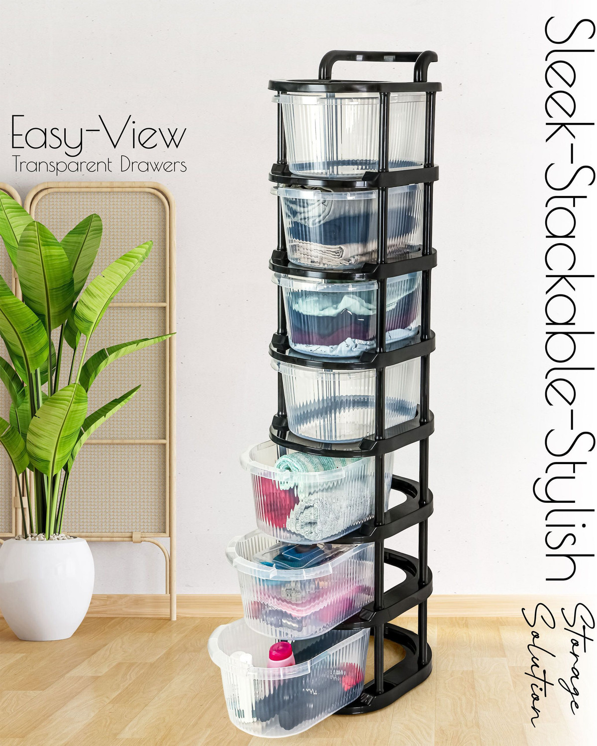 Image of Vallaree 7 Layer Plastic Modular Storage Drawer Organizer with Wheels Plastic Free Standing Chest of Drawers