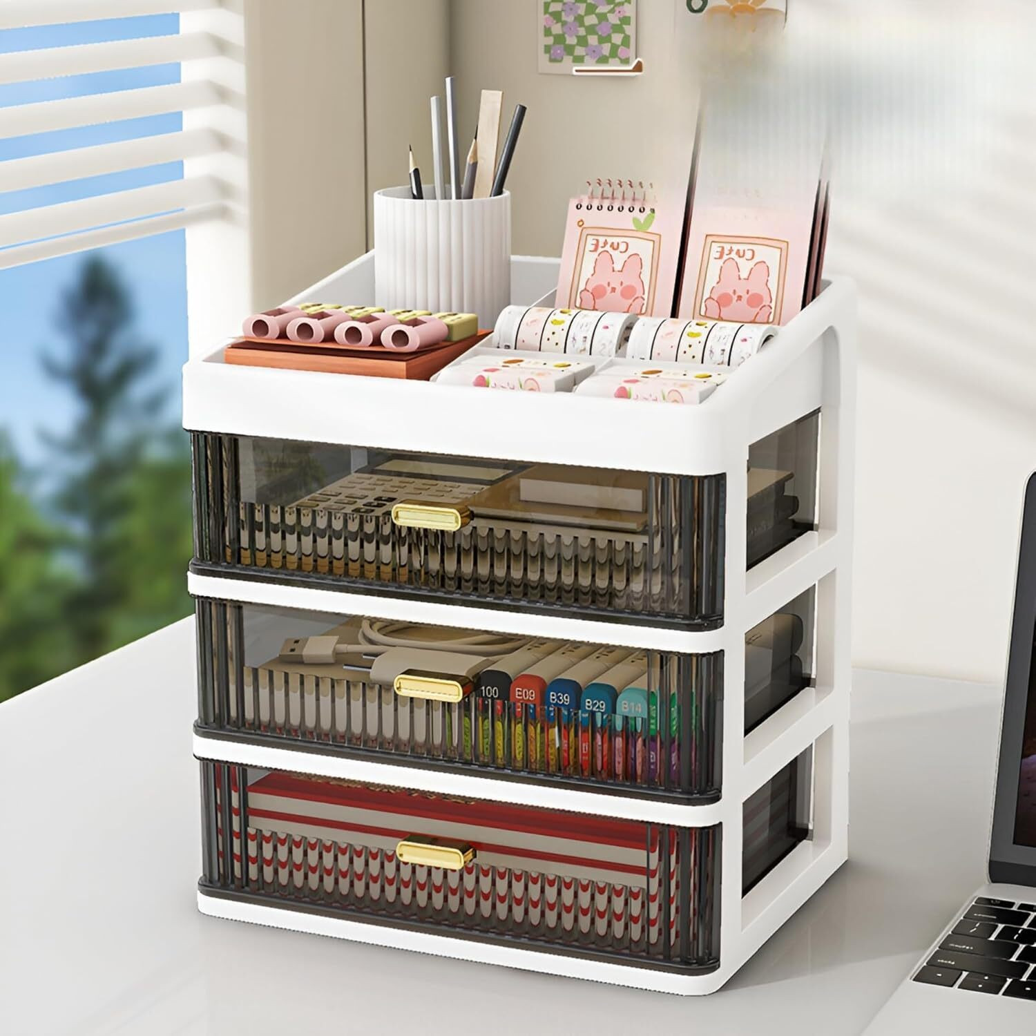 Image of HomeQueen Organizer Plastic Storage Box with Sliding Drawer for Cosmetics and Jewellery 4 Compartment Vanity Box