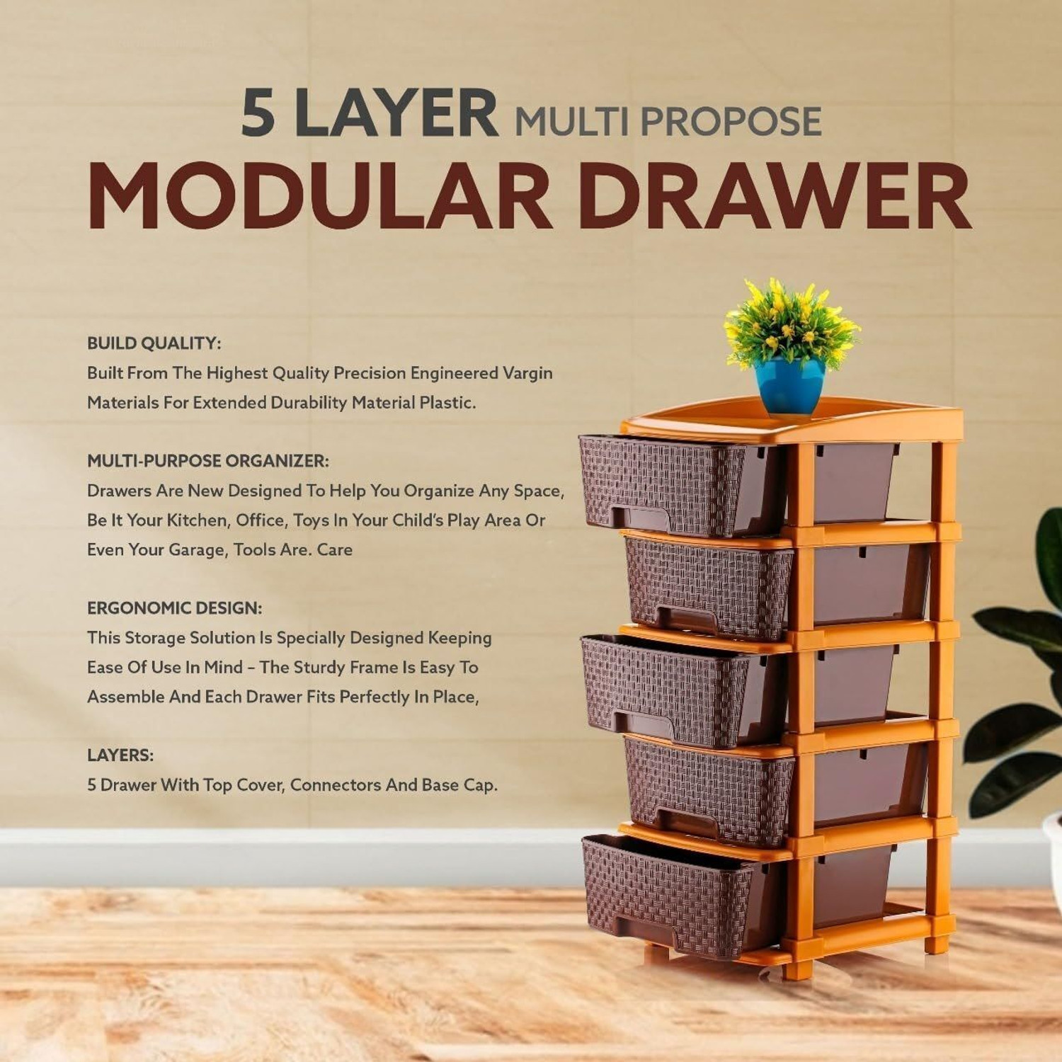 Image of LEVERET Multipurpose Drawer Plastic Modular Chest Storage Organizer Home Plastic Free Standing Chest of Drawers