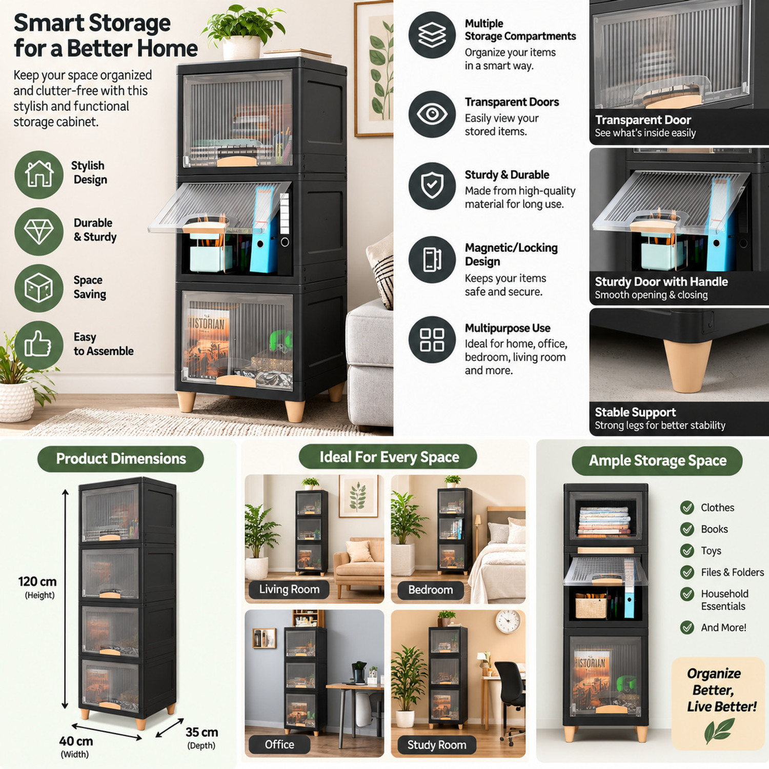 Image of SAGGEY Storage Cabinet Plastic Free Standing Cabinet (Finish Color - black, Door Type- Hinged, Pre-assembled)