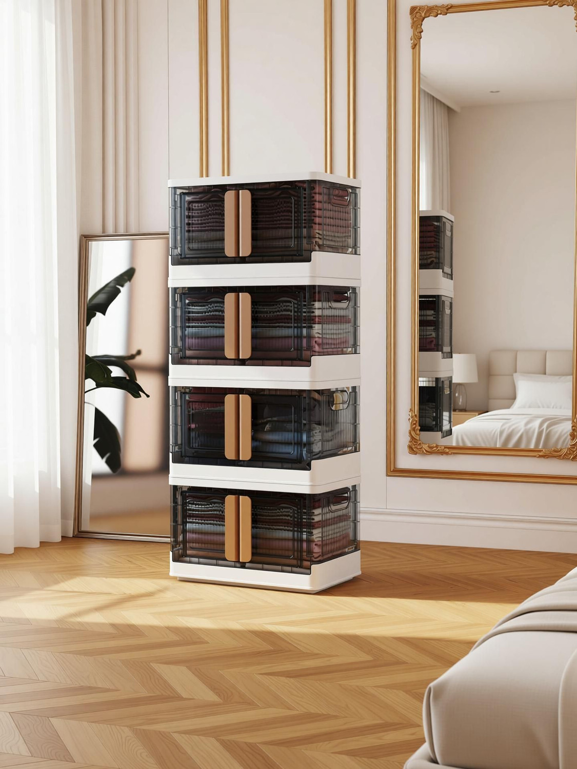 Image of FINWARE 4 Units Multipurpose Folding Cabinet Storage Organizer Box with Wheels&Lid(4XL) Plastic Free Standing Chest of Drawers