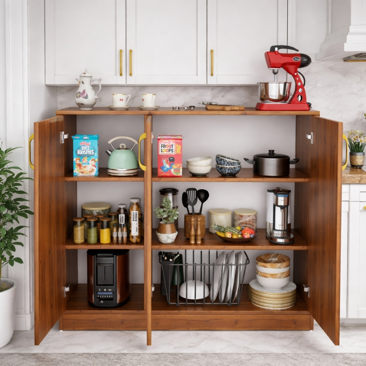 Image of Spyder Home Decore Multipurpose Storage Cabinet with Gold Handles & Countertop Unit Storage Engineered Wood Free Standing Chest of Drawers