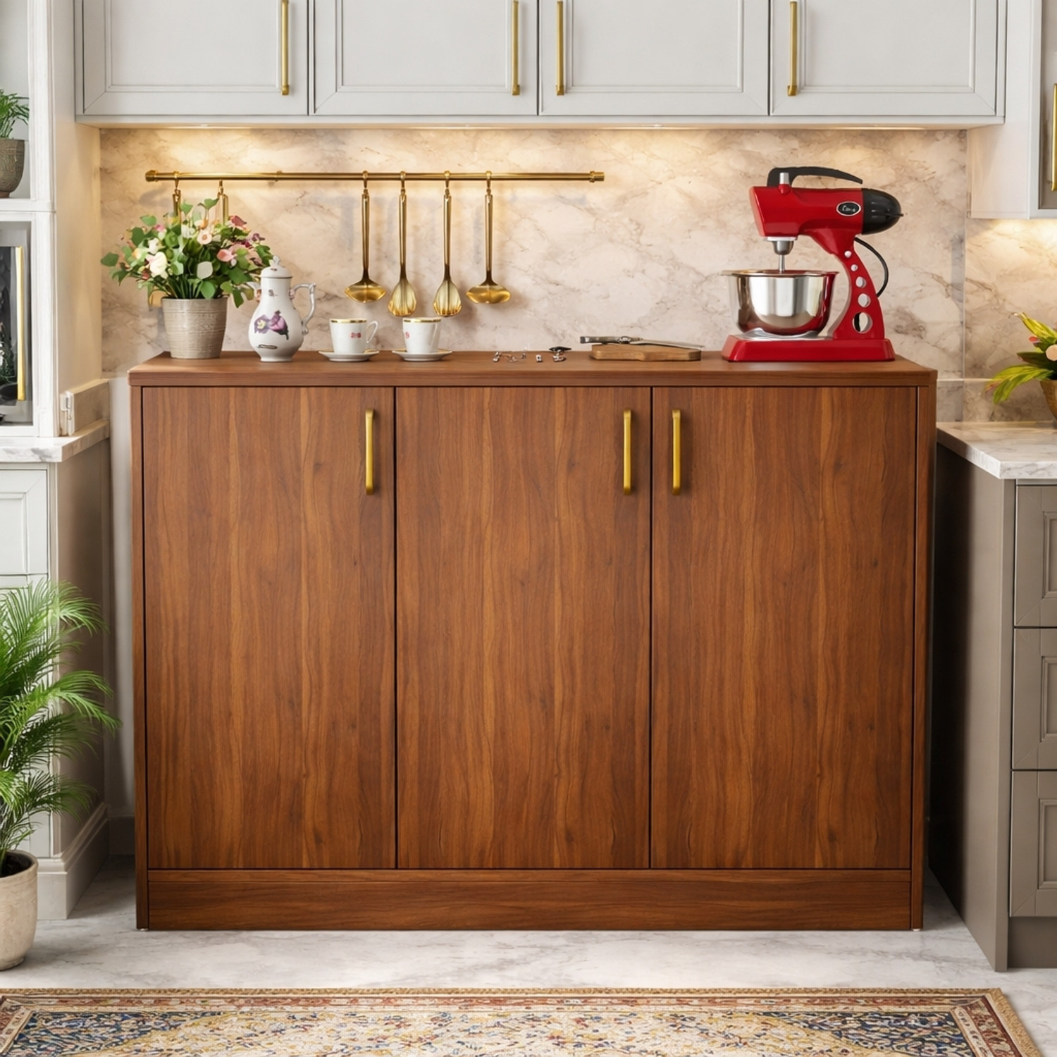 Image of Spyder Home Decore Multipurpose Storage Cabinet with Gold Handles & Countertop Unit Storage Engineered Wood Free Standing Chest of Drawers