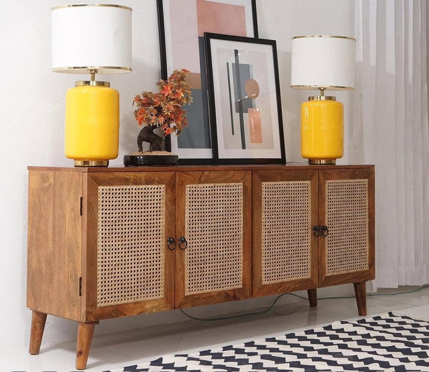 dewss Sheesham Wood 4 Door Rattan Cane Sideboard and Cabinet for