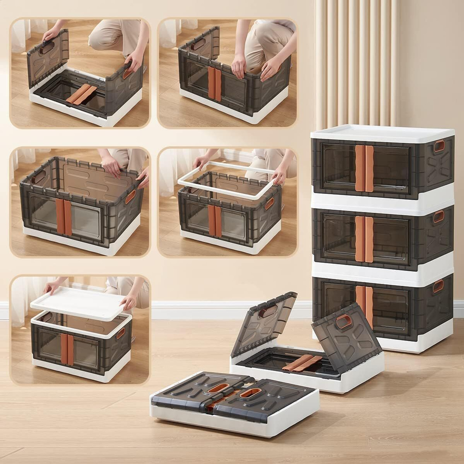 Image of FINWARE 3 Units Multipurpose Folding Cabinet Storage Organizer Box with Wheels&Lid.(3XL) Plastic Free Standing Chest of Drawers