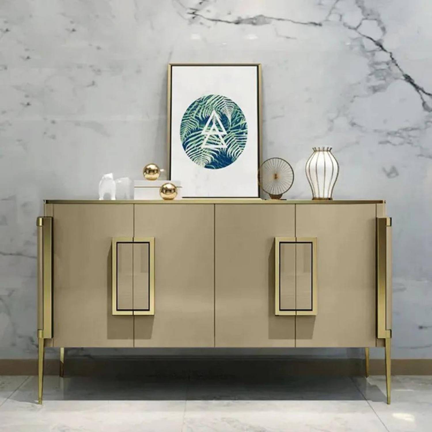 NG Decor Modern Gold Sideboard Buffet Tempered Glass Top with 4 D