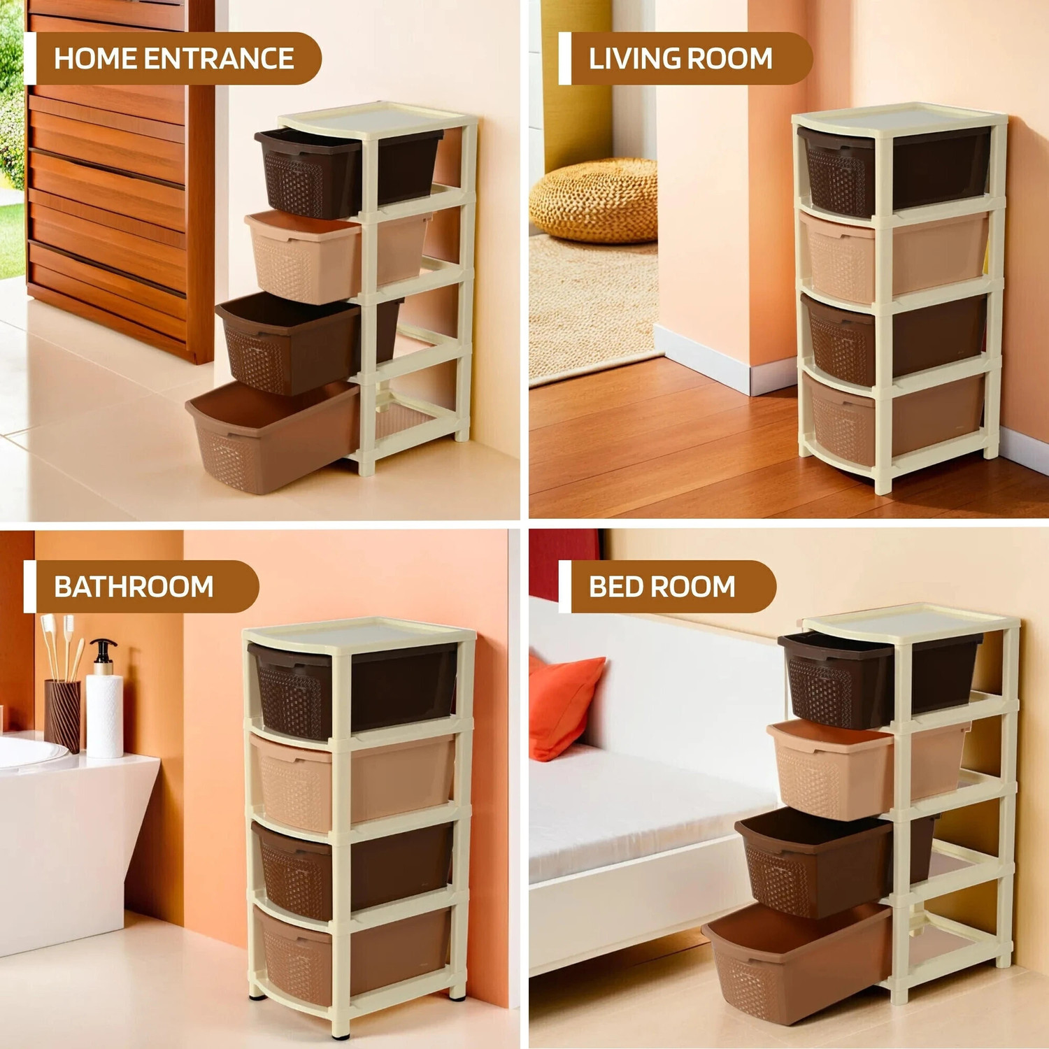 Image of KUBER INDUSTRIES Modular 4-Layer & 73 Ltr Plastic Drawer Storage Organiser | Brown Plastic Free Standing Chest of Drawers