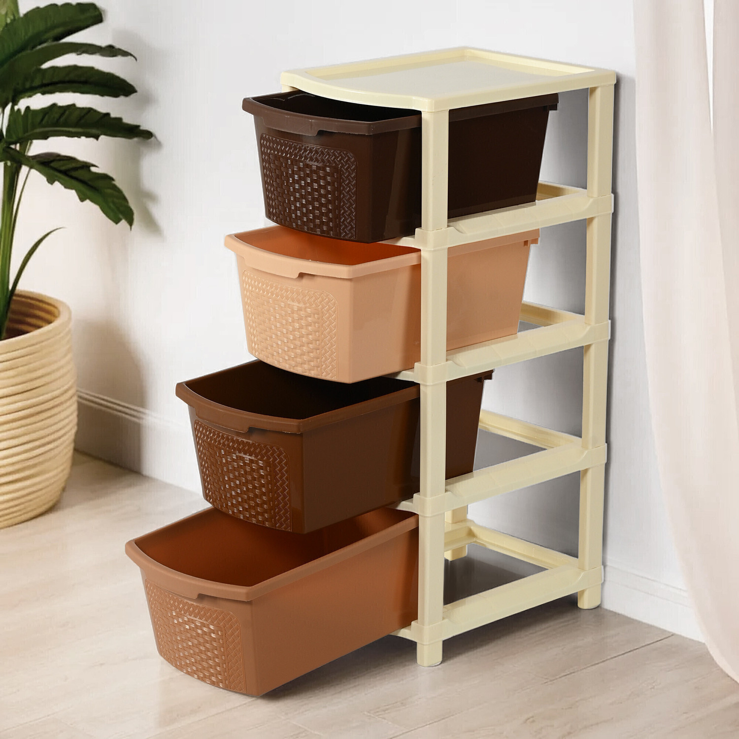 Image of KUBER INDUSTRIES Modular 4-Layer & 73 Ltr Plastic Drawer Storage Organiser | Brown Plastic Free Standing Chest of Drawers