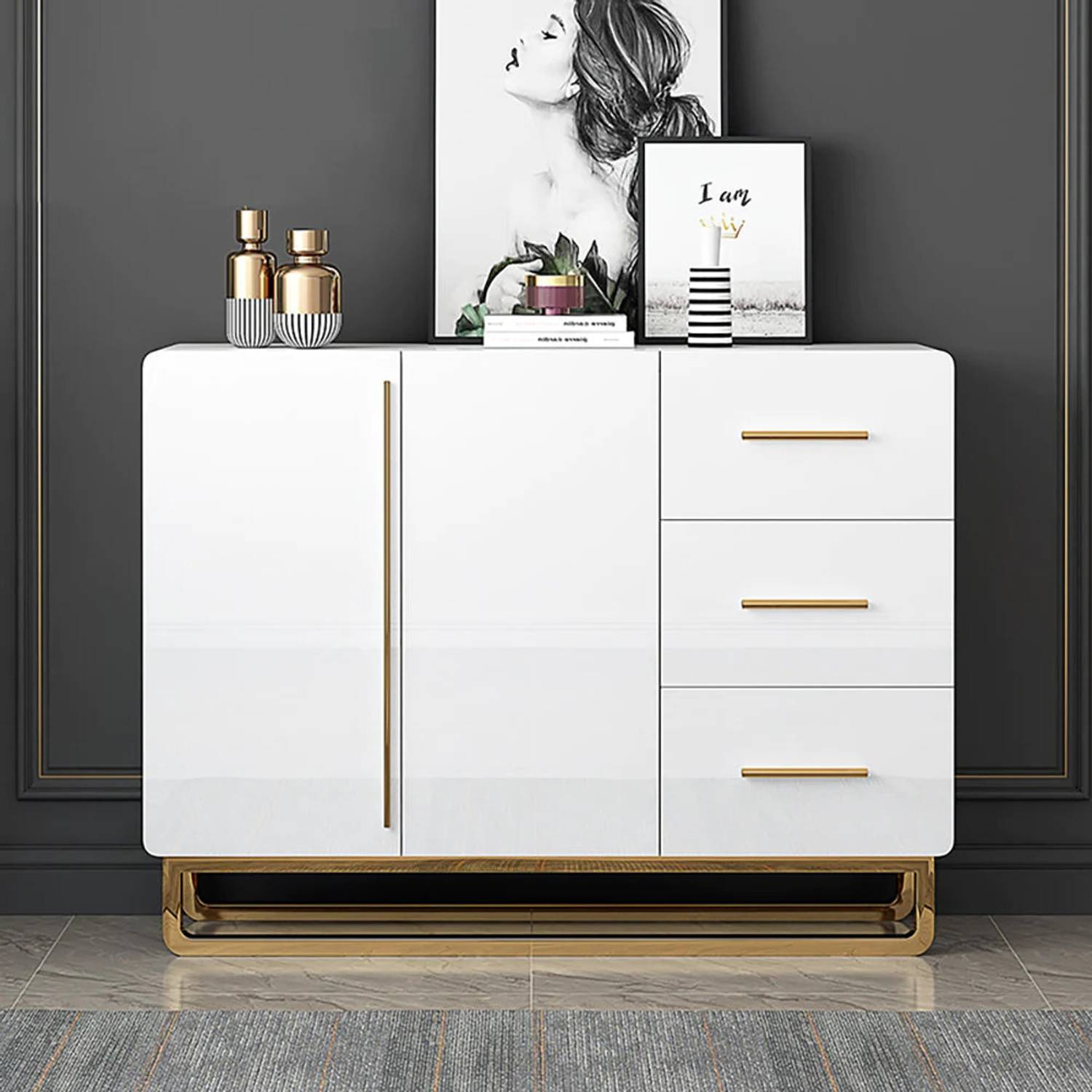 KDINTERIORS White Sideboard Nordic Buffet with Doors & Drawers &