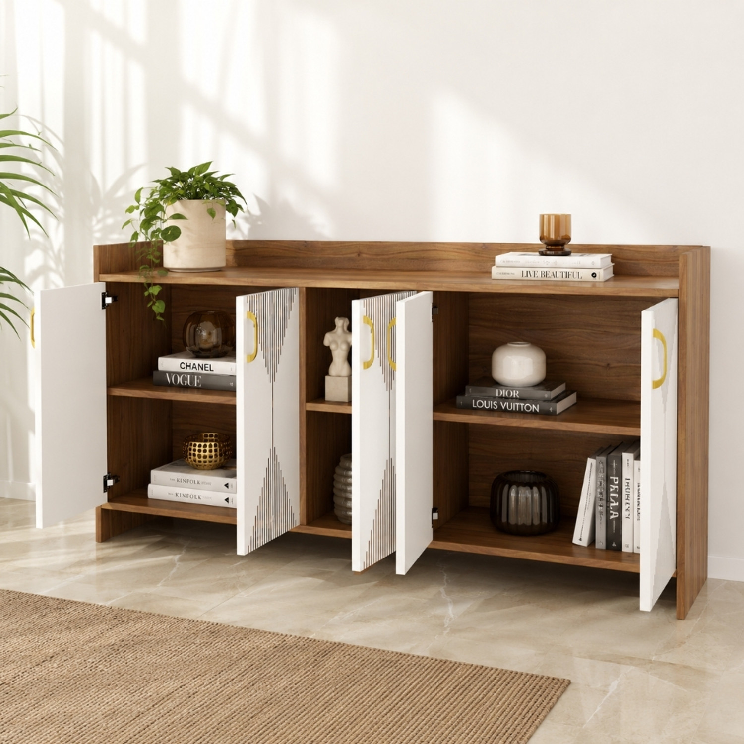 Image of Avenue Venture Multipurpose Sideboard Cabinet with Golden Handles & Storage for Living Room Engineered Wood Free Standing Chest of Drawers