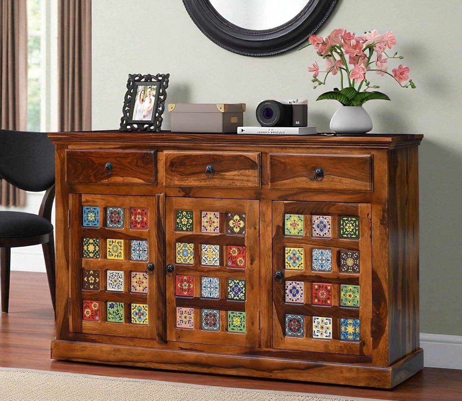 LIFEWOOD Life Wood Solid Sheesham Wood Tiles Design Sideboard Wit