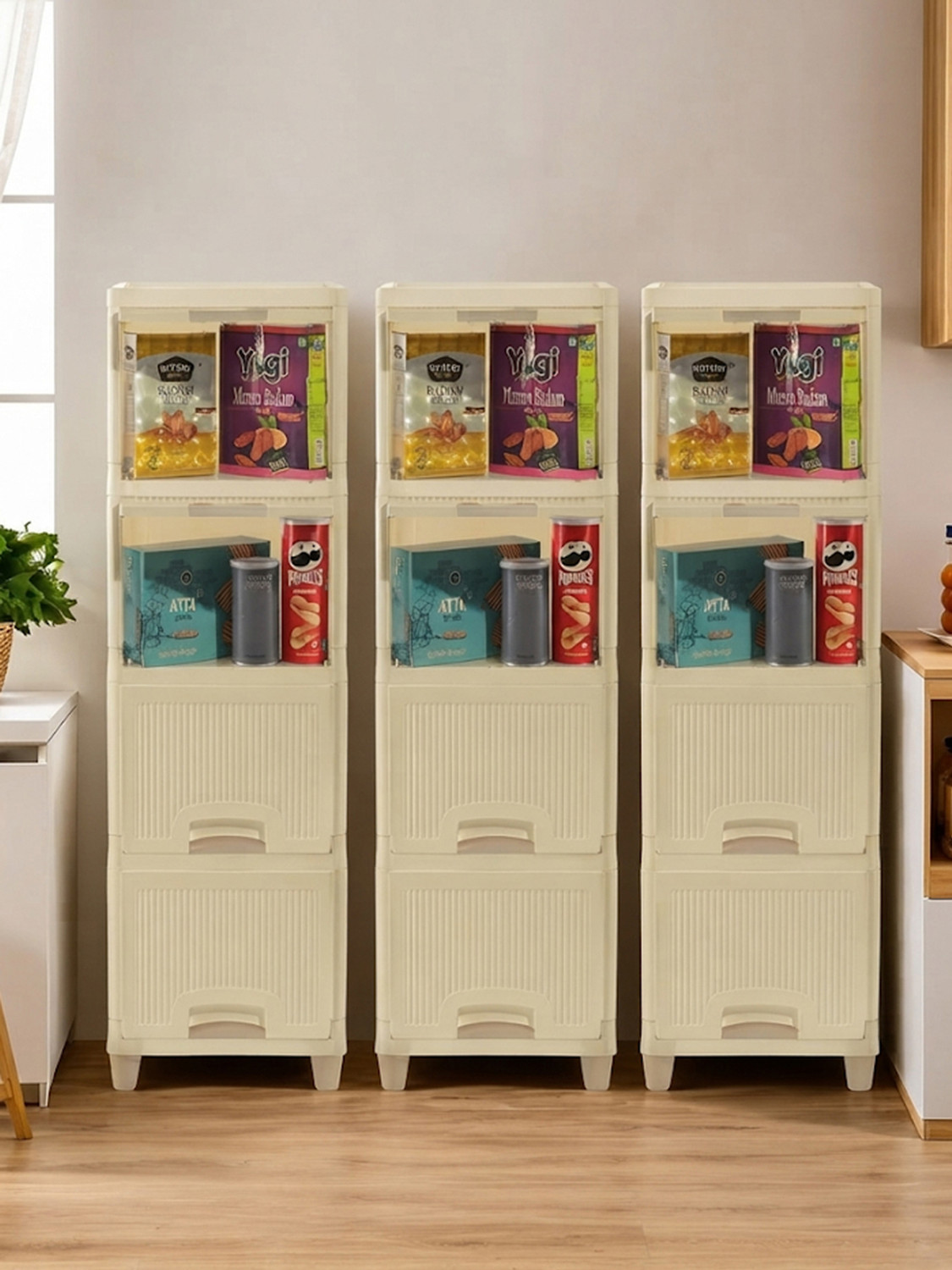Image of HOMESTIC by Kuber Industries 12 Units Cabinet Organizer (4 + 4 + 4) Multipurpose Folding Storage Rack | Ivory Plastic Free Standing Cabinet