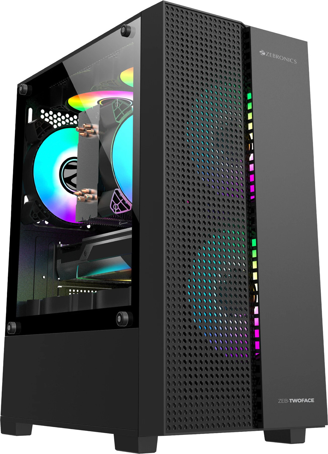 Image of ZEBRONICS TWOFACE Gaming Mini-Tower mATX /ITX, 3 RGB Fans,Tempered Glass Mini Tower Cabinet with USB 2.0 and USB 3.0 Ports Compatible with Gaming Console