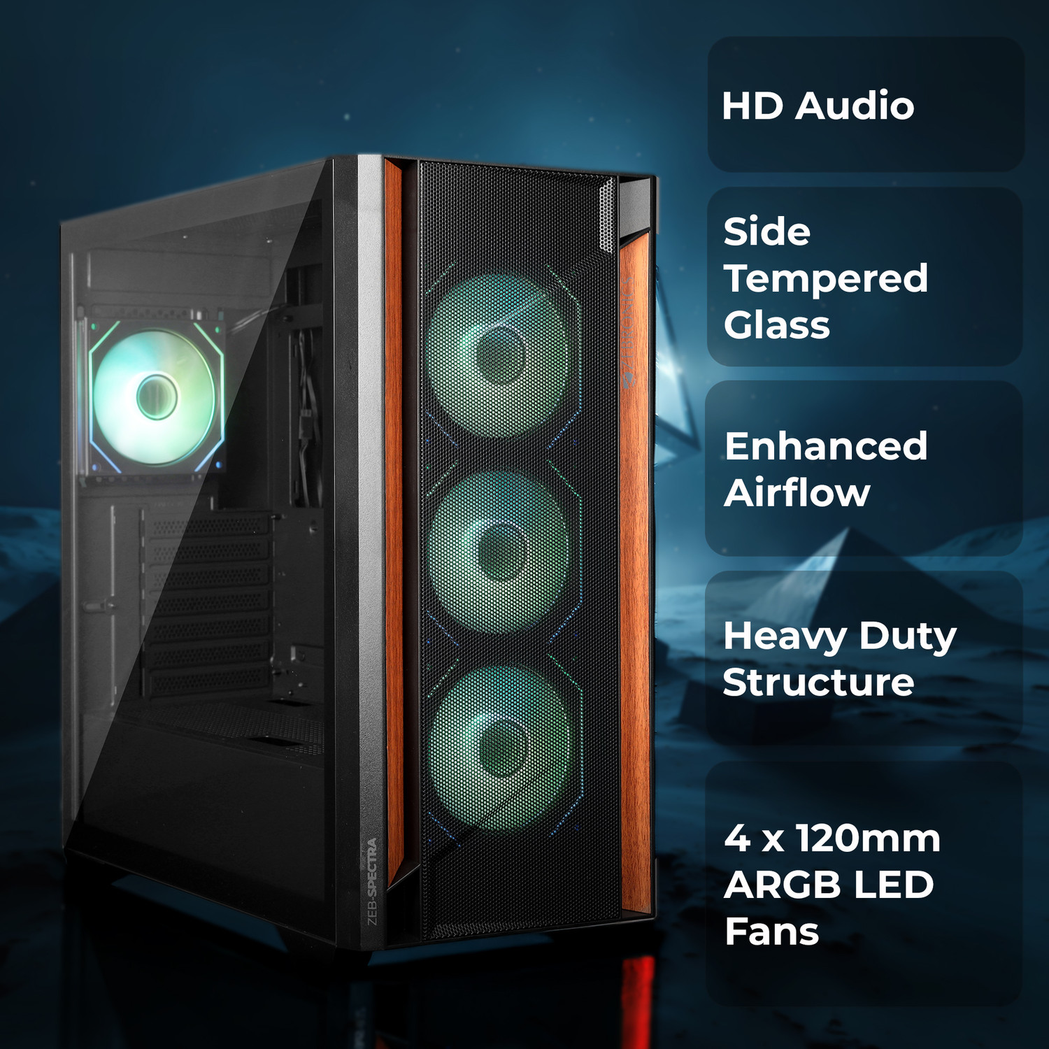 Image of ZEBRONICS Zeb-Spectra (Black) Mid Tower Cabinet with USB 2.0 and USB 3.0 Ports Compatible with Gaming Console