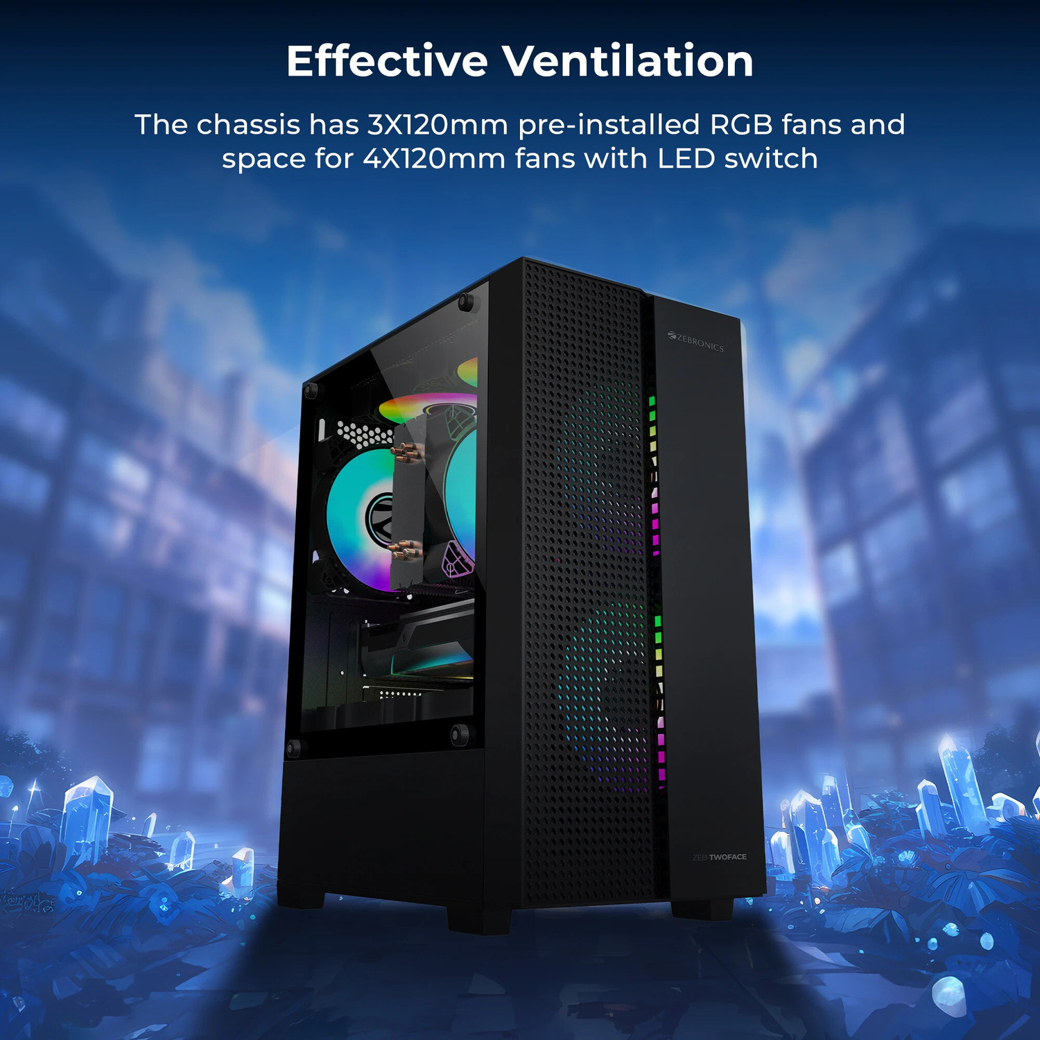 Image of ZEBRONICS TWOFACE Gaming Mini-Tower mATX /ITX, 3 RGB Fans,Tempered Glass Mini Tower Cabinet with USB 2.0 and USB 3.0 Ports Compatible with Gaming Console