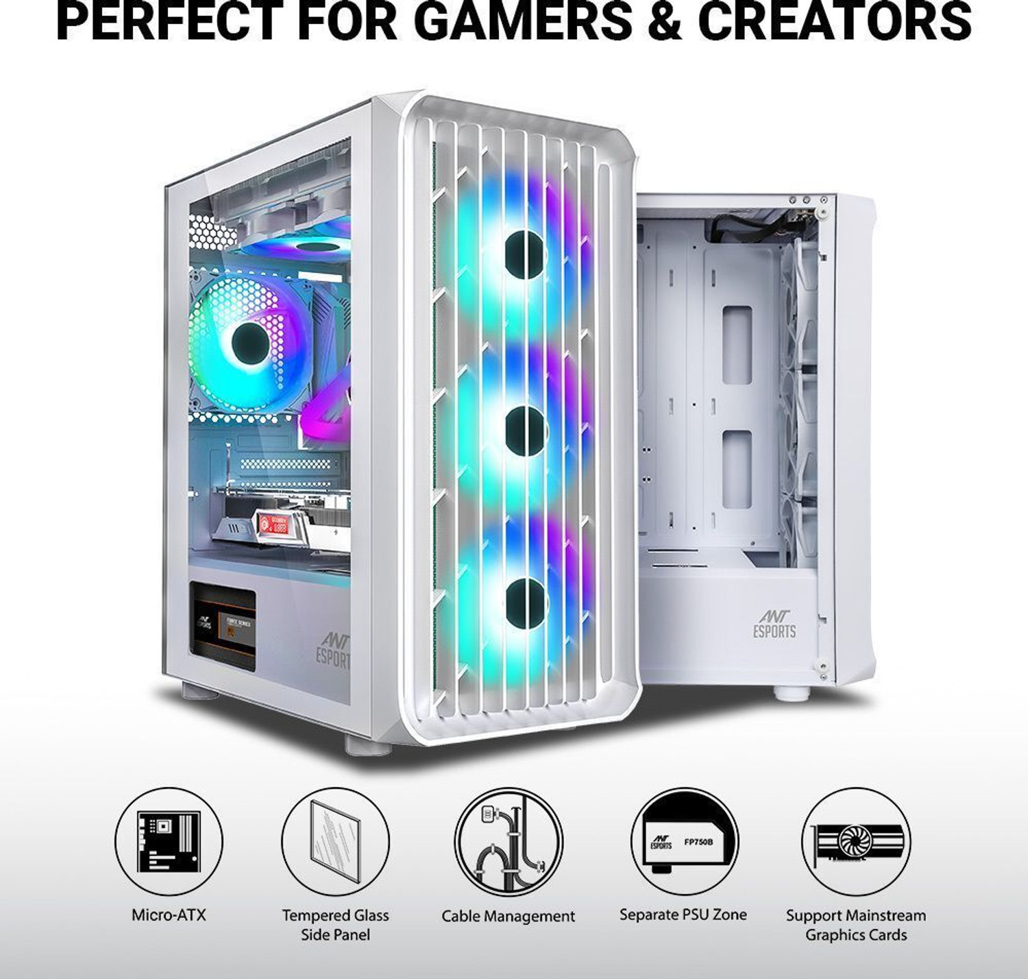 Image of Ant Esports 205 Mini 6F White Cabinet 6x120mm Micro-ATX , Mini-ITX Mini-Tower Cabinet with USB 2.0 and USB 3.0 Ports Compatible with Computer