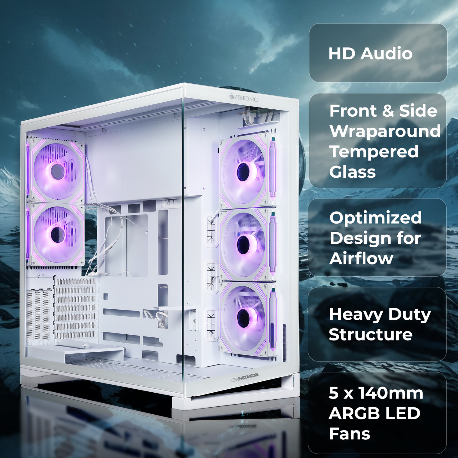 Image of ZEBRONICS Zeb-Shadowcore (White) Full Tower Cabinet with USB 2.0 and USB 3.0 Ports Compatible with Gaming Console