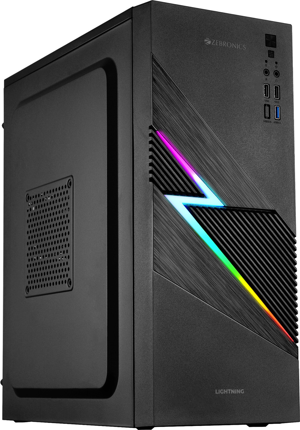 Image of ZEBRONICS Lightning Cabinet Mini-Tower ATX /mATX /ITX,80mm Fan, LED Strip, USB 3.0 Mid Tower Cabinet with USB 2.0 and USB 3.0 Ports Compatible with Computer