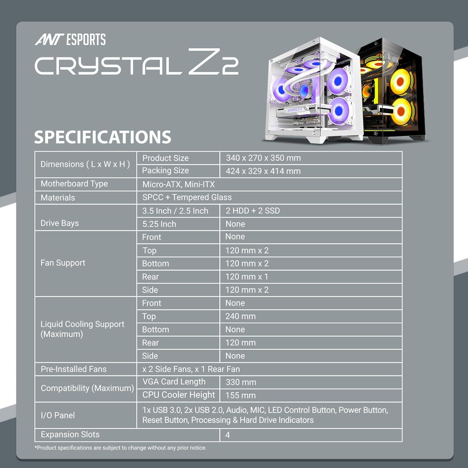 Image of Ant Esports CRYSTAL Z2 Cabinet Cabinet with USB 2.0 and USB 3.0 Ports Compatible with Computer