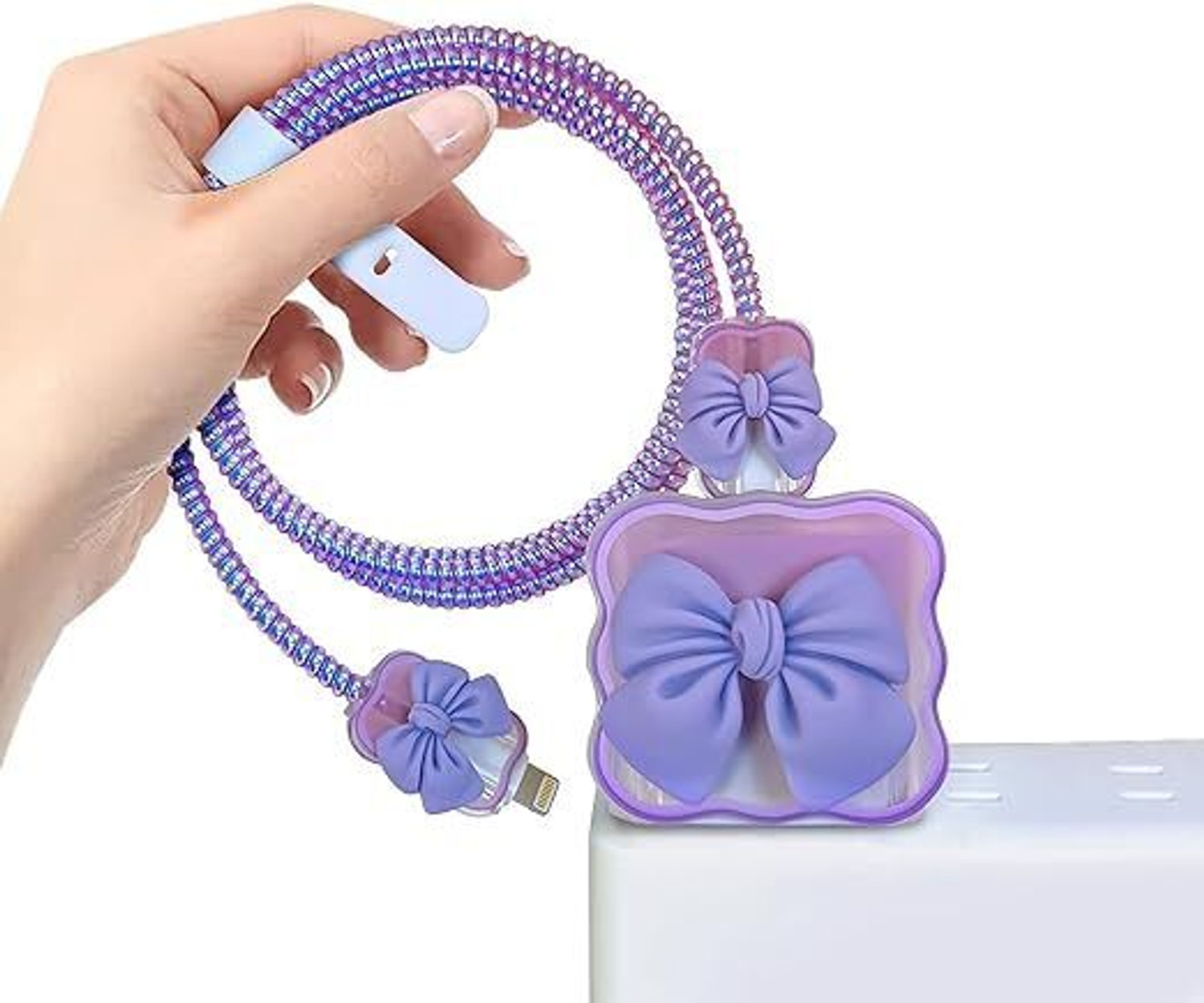 Image of AUDICE iPhone Charger Cover For 18W /20W | Cute Purple Bow Design| Spiral Cable Protector