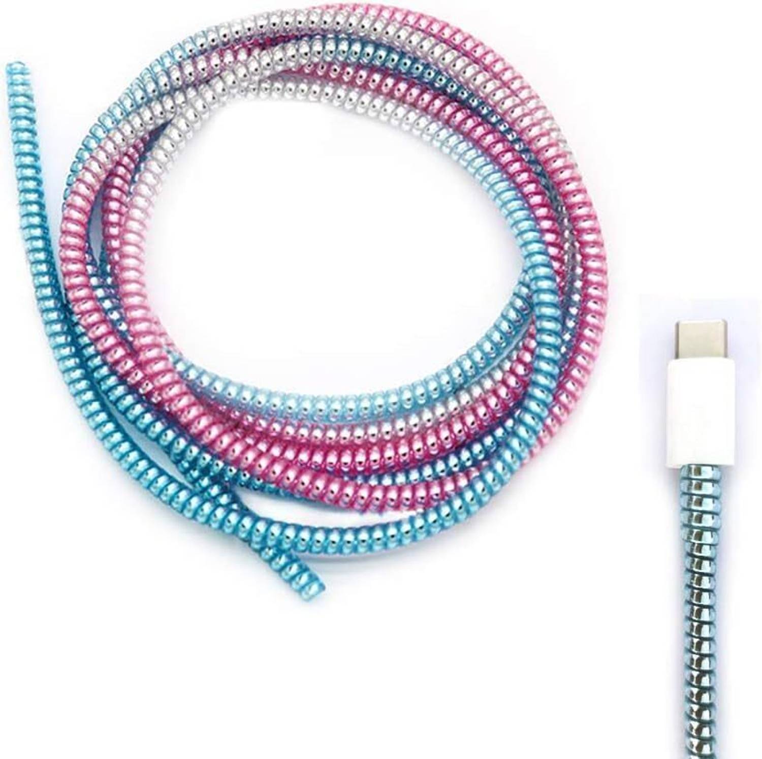 Mobileholic Pink Blue 1.5M Full Size Metallic Finish Charger Spiral Cable Protector Cover Cable Protector