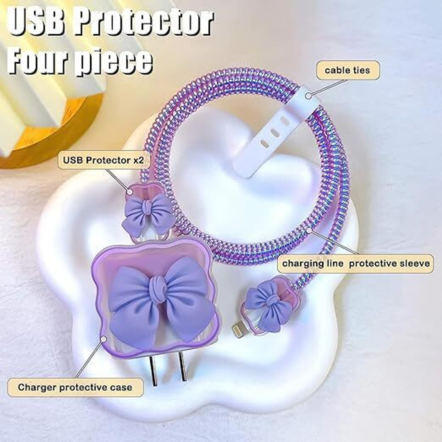 Image of AUDICE iPhone Charger Cover For 18W /20W | Cute Purple Bow Design| Spiral Cable Protector