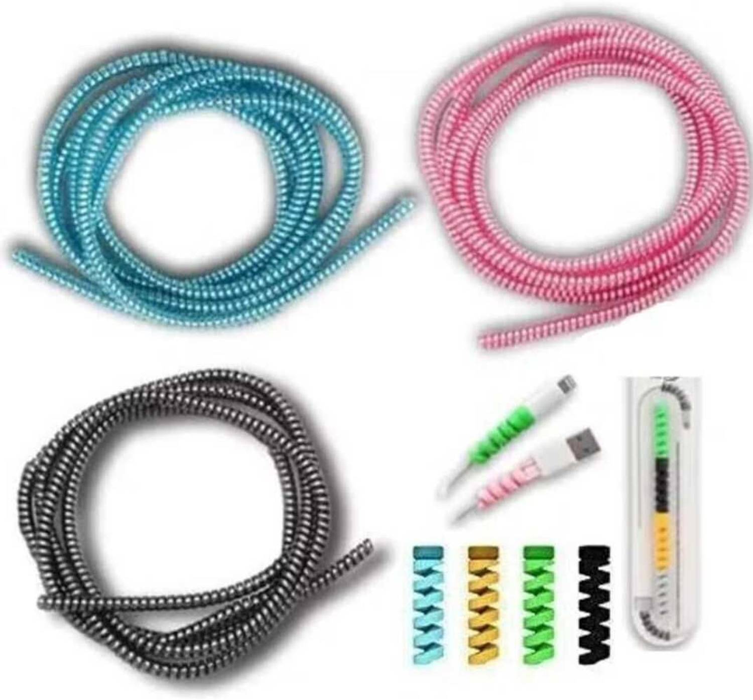 FastiQ Cable cord protectors 3 pcs pink black sky blue with free 4 pcs spiral Cable Protector