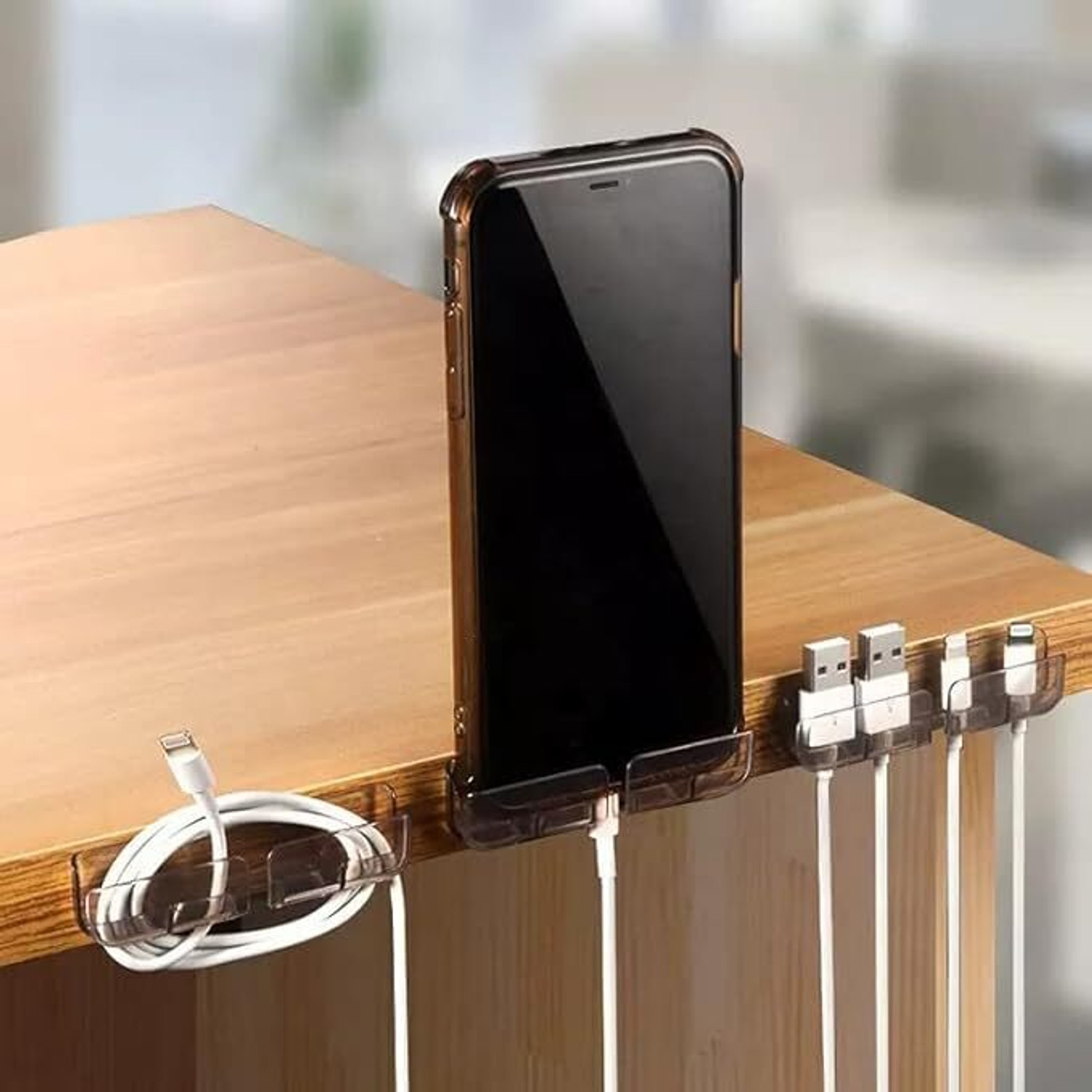 Image of RERAT Multi-Function Desktop Cable Organizer Clips & Phone Stand - 3 Pcs Self-Adhesive Cable Protector