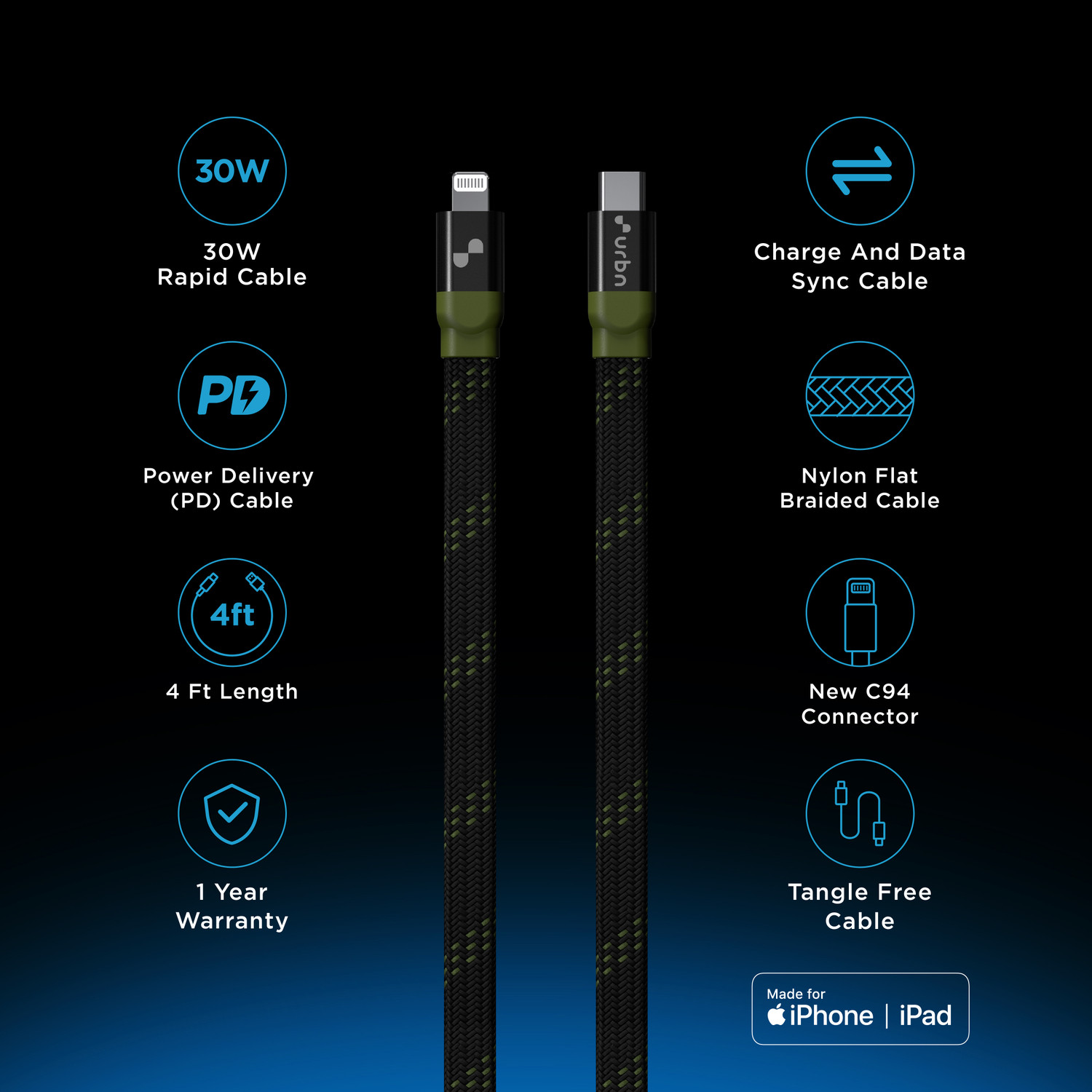 Image of URBN Lightning Cable 5 A 1.22 m Aluminum Foil, Braid USB C to Lightning MFi Certified