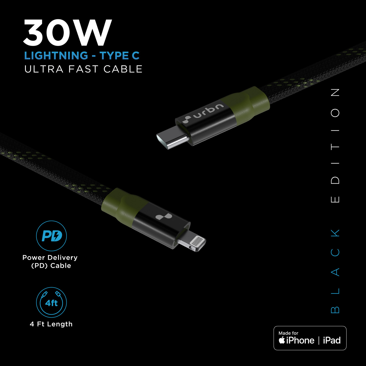 Image of URBN Lightning Cable 5 A 1.22 m Aluminum Foil, Braid USB C to Lightning MFi Certified